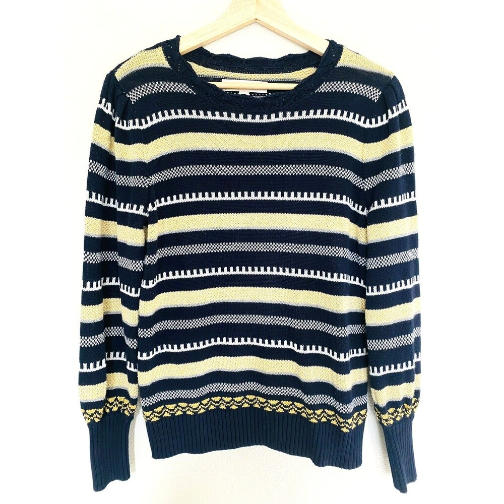 Loft Ann Taylor Women's Navy Gold Shimmer Striped Cotton Sweater Medium